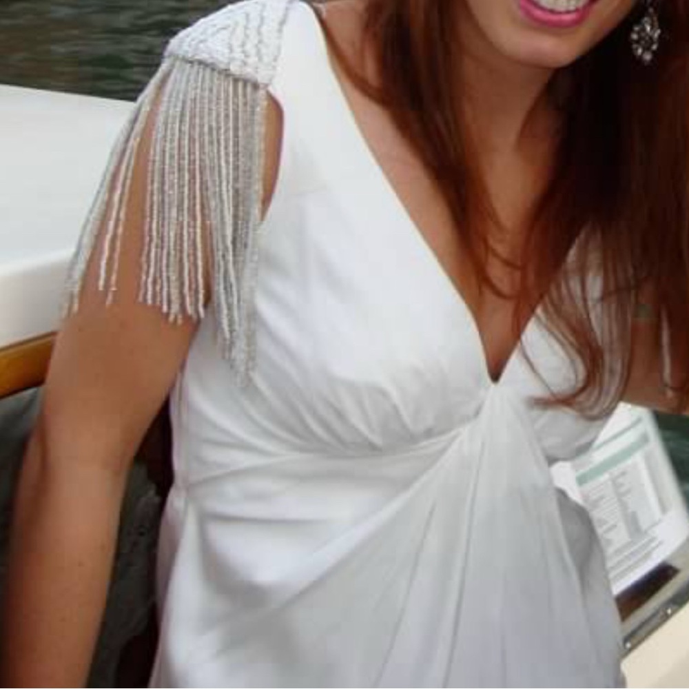 Vintage Foley + Corinna White Cocktail Dress with Beaded Shoulder Detail
